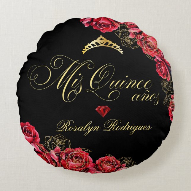 Coussins Ronds Quinceanera noir et rouge Princesse tiara (Devant)