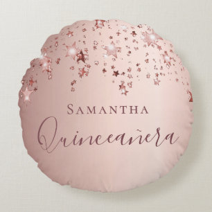 Coussins Ronds Quinceanera rose or monogramme nom scintille
