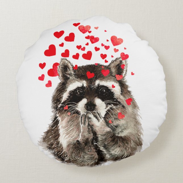 Coussins Ronds Raccoon drôle Baiser et Coeurs d'amour (Dos)