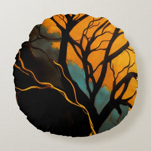 Coussins Ronds Racines dorées et Arbre du Crépuscule (Devant)