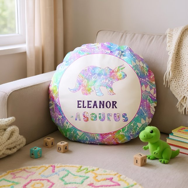 Coussins Ronds Rainbow Dinosaur Fossiles Enfants (Rainbow dinosaur pillow with your name perfect for dino lovers.)