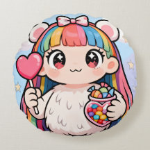 Rainbow Kawaii Bear Round Cushion