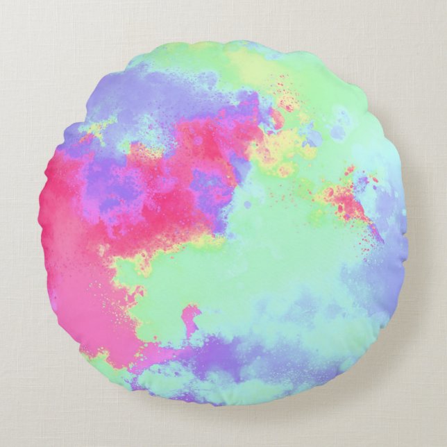 Coussins Ronds Rainbow Paint Splat, effet Rose Blue Green (Devant)