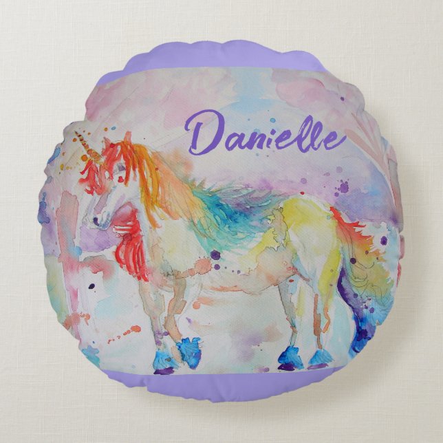 Coussins Ronds Rainbow Unicorn Aquarelle Girls Nom Cushion (Devant)