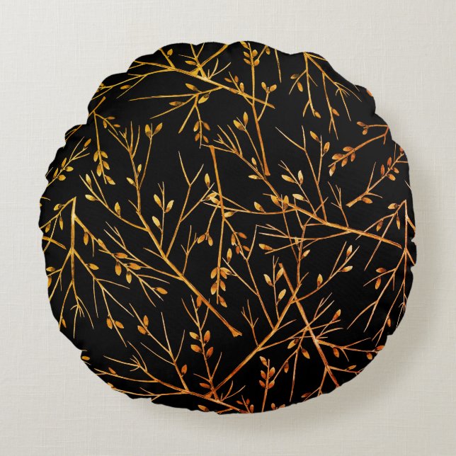 Coussins Ronds Rameaux orange brûlé sur fond noir (Devant)