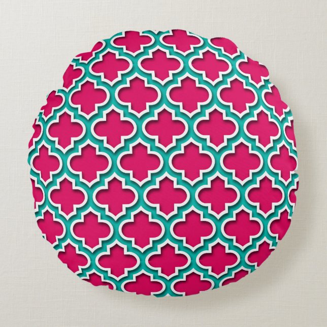 Coussins Ronds Raspberry Sarcelle Blanc Quatrefoil Marocain #5DS (Devant)