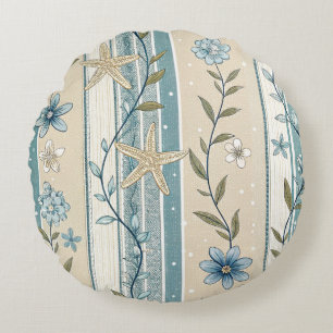 Coussins Ronds Rayure Florale Côtière Aqua Beige Élégance Design