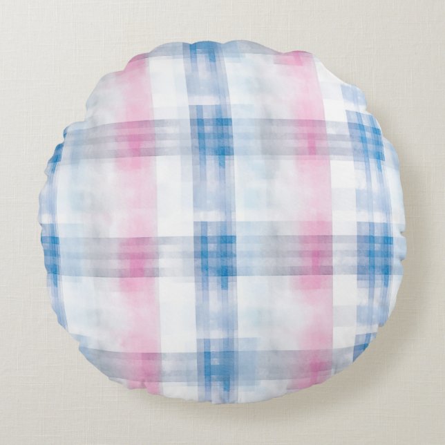 Coussins Ronds Rayures à carreaux rose bleu blanc (Devant)