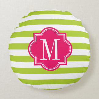 Coussins Ronds Rayures de vert de chaux avec le monogramme de