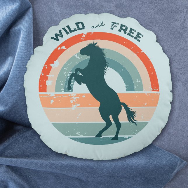 Coussins Ronds Rearing Blue Horse Retro Rainbow Wild Libre (Créateur téléchargé)