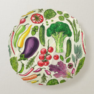 Coussins Ronds Récolte de légumes et d'herbes sur le blanc