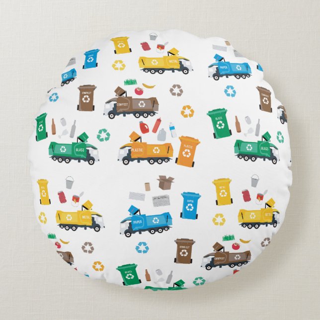 Coussins Ronds Recyclage coloré Camions-poubelles et poubelles (Devant)