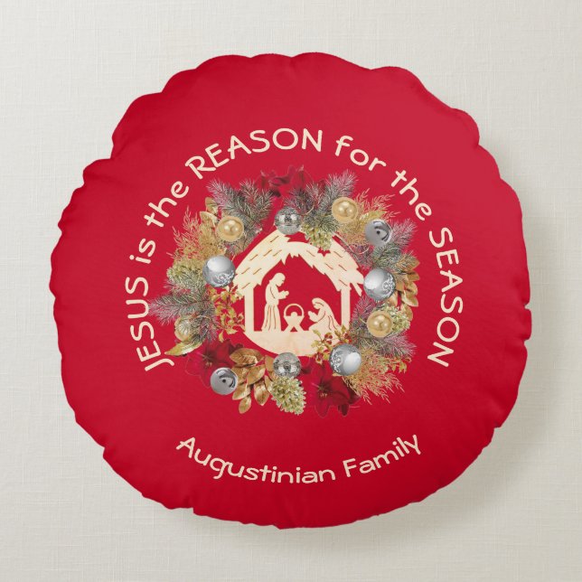 Coussins Ronds Red JESUS EST LA RAISON DE LA Nativité des germes  (Devant)