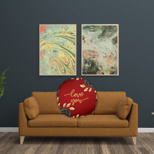 Coussins Ronds Red Love You avec bordure florale noire et or