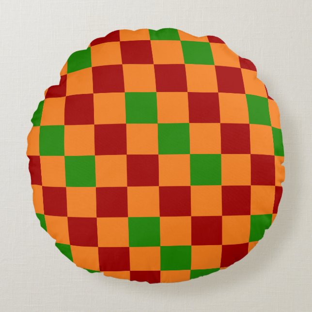 Coussins Ronds Red Orange Green Checkered Pattern Design  (Devant)