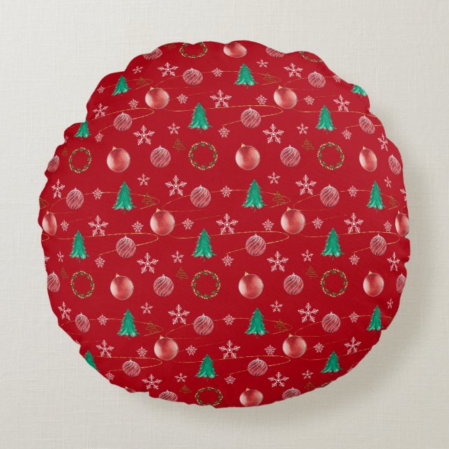 Coussins Ronds Red Ornaments & Watercolor Pines Christmas  (Devant)