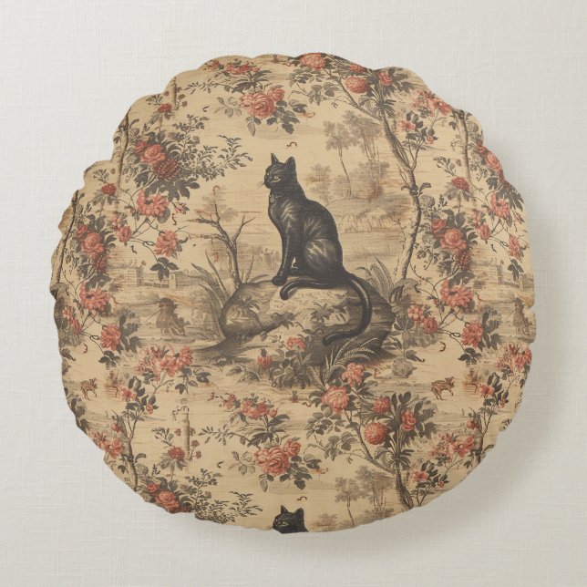 Coussins Ronds Red Toile Chinoiserie Cat Damask (Devant)