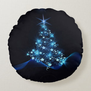 Coussins Ronds Reflet Bleu des Étoiles sur l'Arbre de Noël Sombre