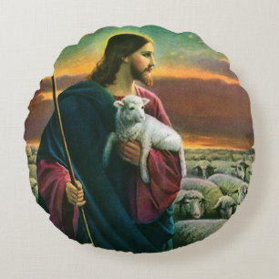 Coussins Ronds Religion vintage, Christ Bon Pasteur avec son trou