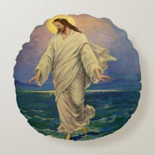Coussins Ronds Religion vintage, Jésus Christ marche sur l'eau
