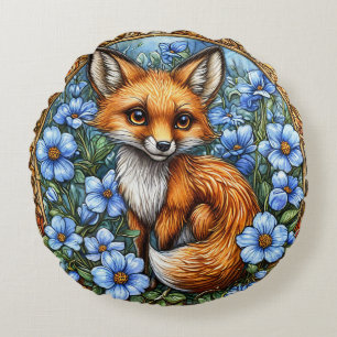 Coussins Ronds Renard adorable entouré de fleurs bleues vibrantes
