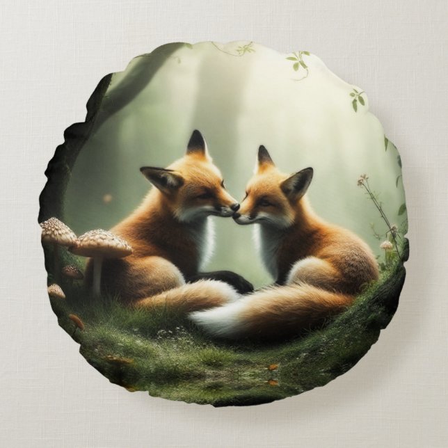 Coussins Ronds Renard câlin dans une forêt brumeuse  (Devant)
