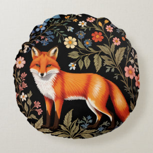 Coussins Ronds Renard Élégant Fleur Florale Noir