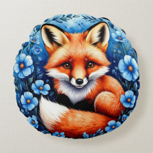 Coussins Ronds Renard entouré de fleurs bleues