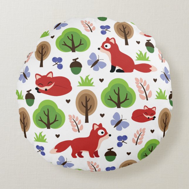 Coussins Ronds Renards dans la forêt de chênes (Devant)