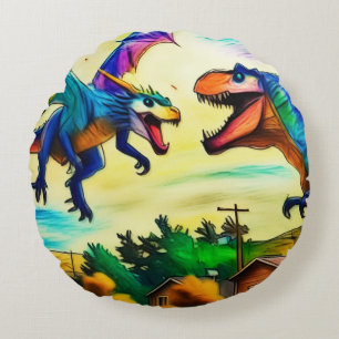Coussins Ronds Rencontre amicale - Dragon et dinosaure