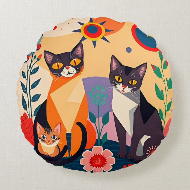 Coussins Ronds Représentation Artistique Abstraite de Chats (Devant)