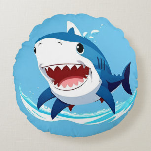 Coussins Ronds Requin de dessin animé nageant sous l'eau