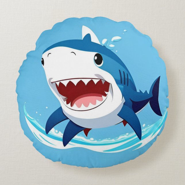 Coussins Ronds Requin de dessin animé nageant sous l'eau (Devant)