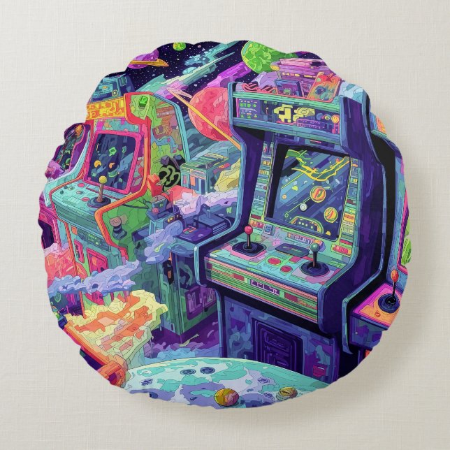 Coussins Ronds Retro Arcade Machines in Space (Devant)