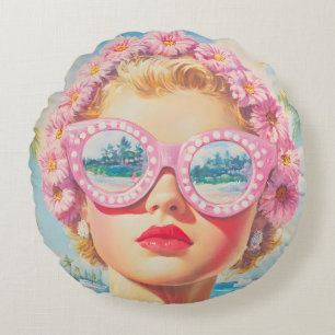 Coussins Ronds Retro Beach Girl avec lunettes de soleil florales