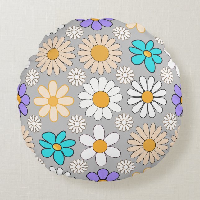 Coussins Ronds Retro Daisy Motif Simple.01. Gray BG (Devant)