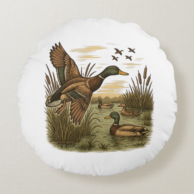 Coussins Ronds Retro-Flying-Mallard-Duck-Hunting (Devant)