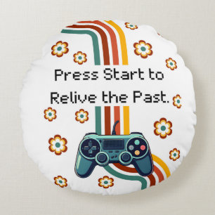 Coussins Ronds Retro Gaming Illustration – Teal Controller with F