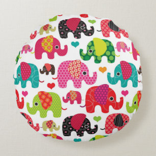 Coussins Ronds rétro papier peint de motif d'enfants d'éléphant