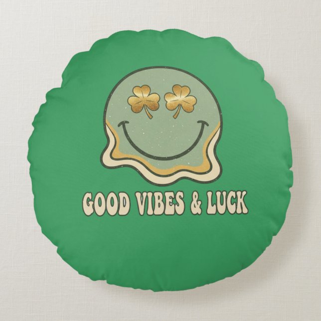 Coussins Ronds Retro St. Patrick's Day Good Vibes & Luck Smiley  (Devant)