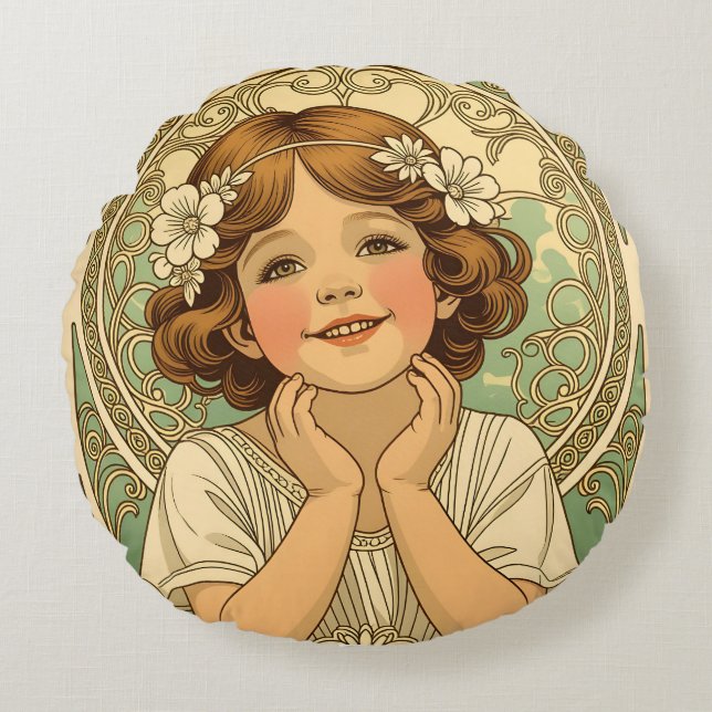 Coussins Ronds retro vintage child with flowers (Devant)