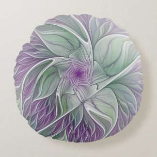 Coussins Ronds Rêve de fleurs, Abstrait violet vert Fractal Art