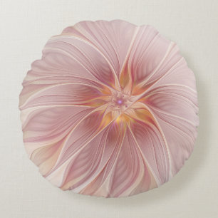 Coussins Ronds Rêve floral rose tendre, art fractal abstrait de f