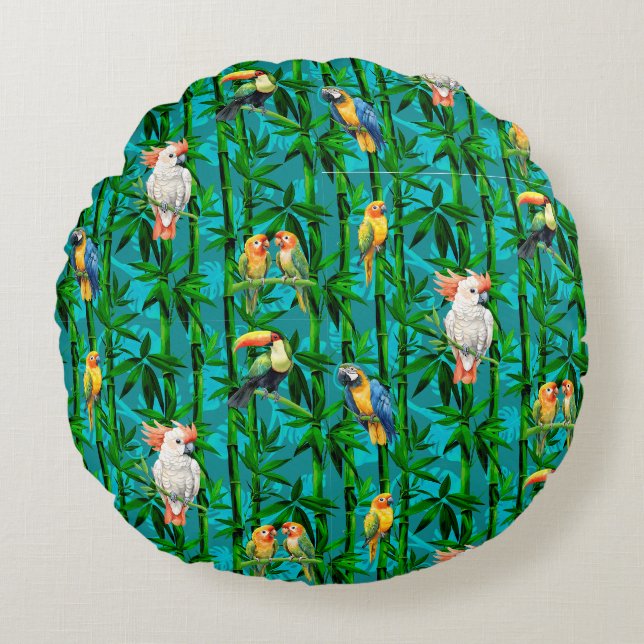 Coussins Ronds Rêves de Forêt Tropicale Bambous Oiseaux (Devant)