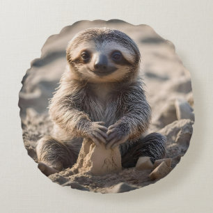 Coussins Ronds Rives de sable : Baby Sloth Construisant des châte