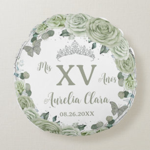 Coussins Ronds Robe à papillons floraux vert Quinceañera Sage