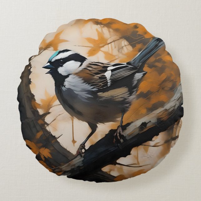 Coussins Ronds Robin Dans Une Peinture À Huile D'Arbre, (Devant)