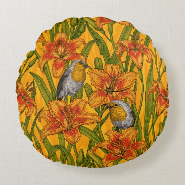 Coussins Ronds Robins et fleurs de lys, orange et vert (Devant)