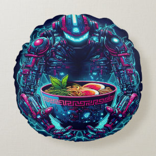 Coussins Ronds Robot Cyberpunk Futuriste Neon Nourriture Ramen