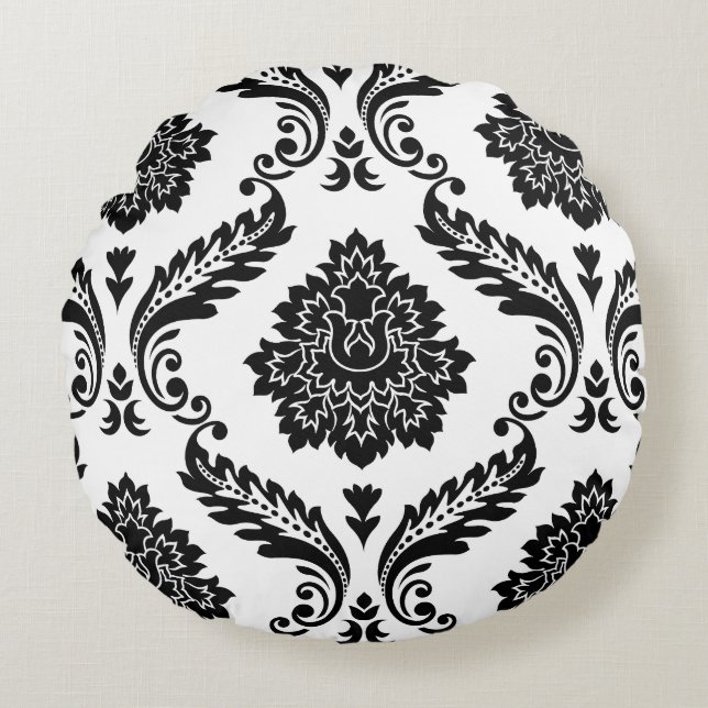 Coussins Ronds Rococo Damask Lg Pattern Black on White (Devant)